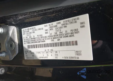 2019 Ford Escape Se from USA, damaged, VIN 1FMCU9GD8KUB75490
